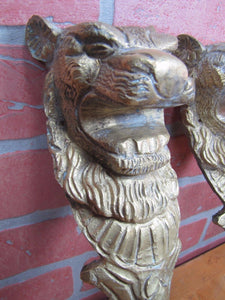 2 LION HEADS Old Cast Brass Architectural Hardware Elements Thick Solid Beasts