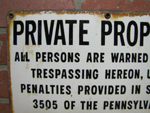 Load image into Gallery viewer, 1970s Porcelain PRIVATE PROPERTY ARMSTRONG CORK Co Sign Persons Warned Trespass
