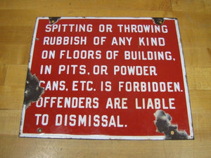 Orig Old Porcelain SPITTING OR THROWING RUBBISH FORBIDDEN Sign Industrial Shop