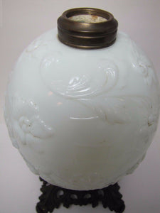 Antique 19c Victorian Milk Glass Spider Web Oil Lamp FG Co cast iron base ornate