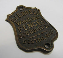 Load image into Gallery viewer, PJ DINN &amp; Co WIRE &amp; IRON FENCES BOSTON MASS Antique Bronze Brass Nameplate Sign

