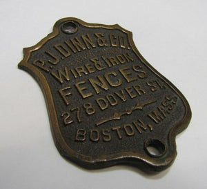 PJ DINN & Co WIRE & IRON FENCES BOSTON MASS Antique Bronze Brass Nameplate Sign