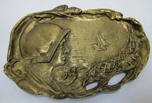 Load image into Gallery viewer, MAIDEN BONNET SHIP OCEAN SUN FISH Old Brass Figural Decorative Arts Trinket Tray
