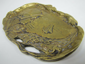 Maiden Bonnet Sailing Ship Ocean Fish Old Brass Tray Ashtray Card Tip Trinket