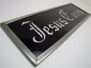 JESUS CARES Sign Glass Front Foil Design Lettering Deco Tin Bevel Frame
