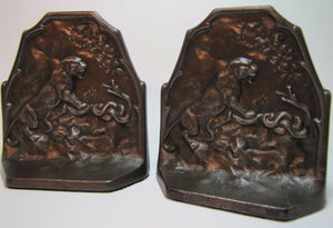 1920s TIGER & SNAKE CONNECTICUT FOUNDRY Art Deco Era Cast Iron Decorative Arts Bookends