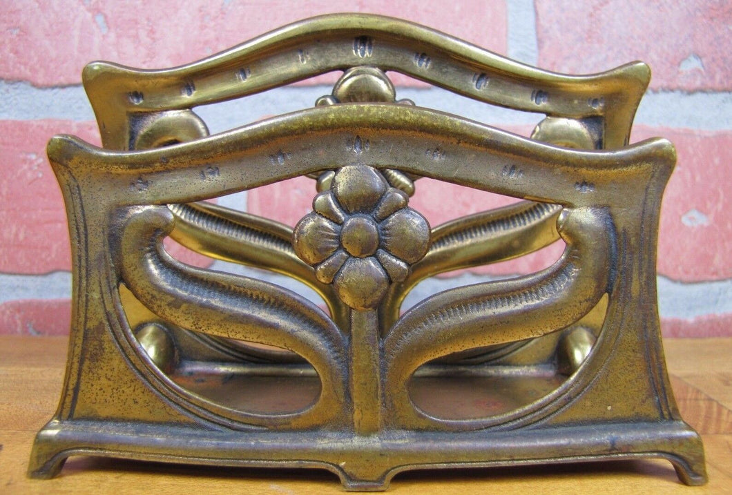 Antique Arts & Crafts Flowers Brass Bronze Decorative Arts Letter Holder Rack
