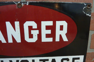 DANGER HIGH VOLTAGE Old Porcelain Sign unusual black background Industrial Shop