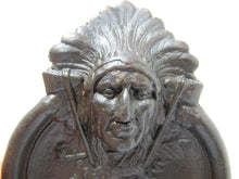 Load image into Gallery viewer, FLECK BROS INDIAN CHIEF Antique Cast Iron Advertising Tray PEACE PIPE TOMAHAWK
