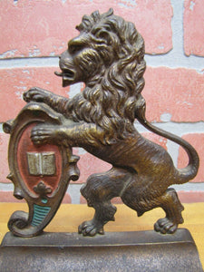 Antique Cast Iron LION Bookends Upright Crest Shield Decorative Art Statues