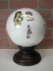 Antique Victorian Potichomania Gazing Blown Glass Ball Wooden Stand Girls Boys