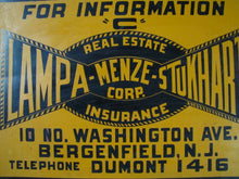 Load image into Gallery viewer, LAMPA MENZE STUKHART BERGENFIELD NJ Old Real Estate Insurance Sign Brown&amp;Bigelow
