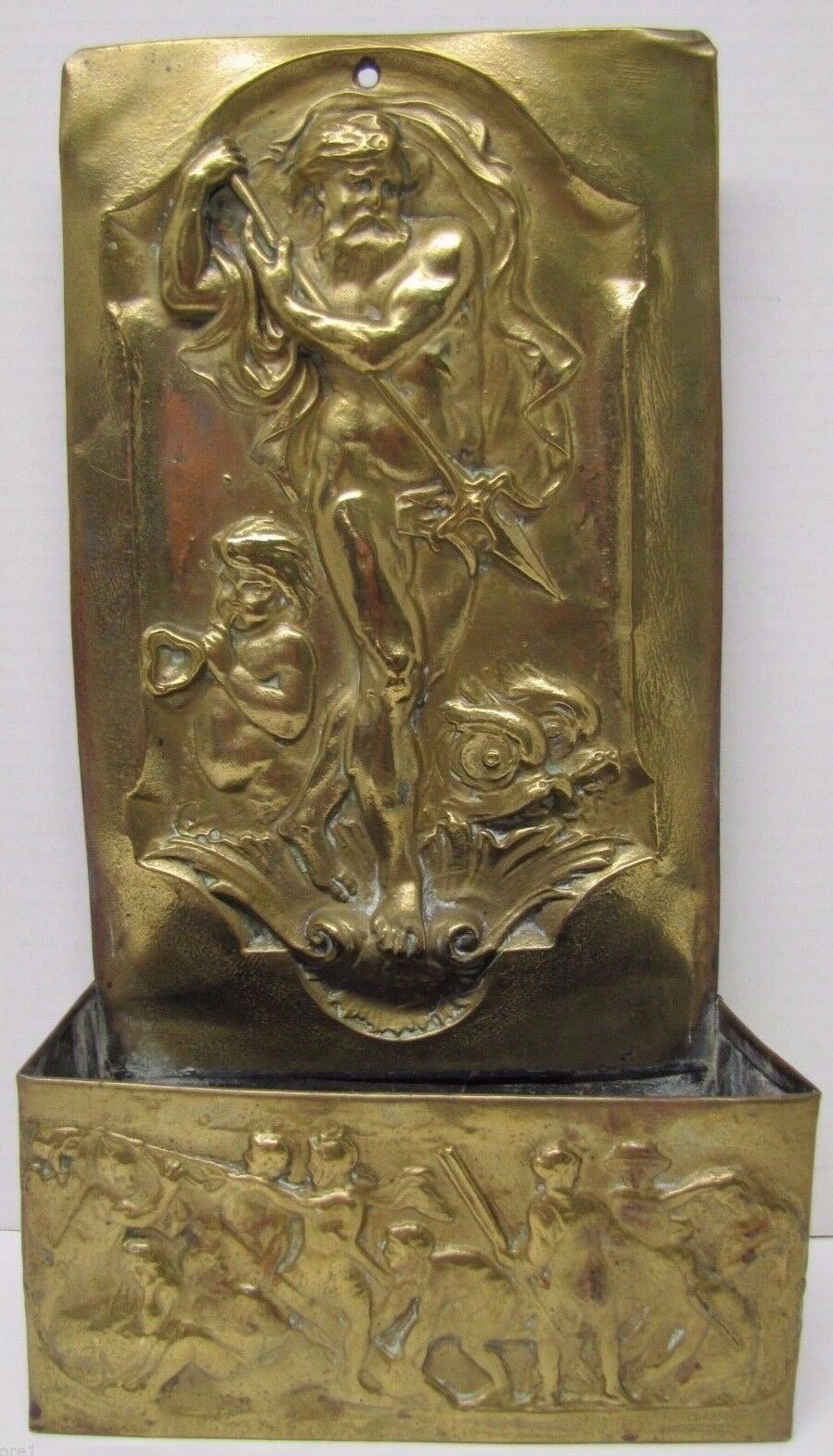 POSEIDON TRIDENT DAUPHINS Old Brass Decorative Arts Wall Plaque Shelf Box Ornate