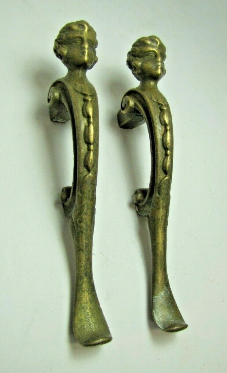Antique Pair Figural Head Handle Pull Brass Architectural Hardware Elements