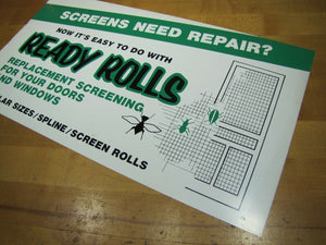 READY ROLLS SCREENS Hardware Store Advertising Sign Bugs Flies Critters