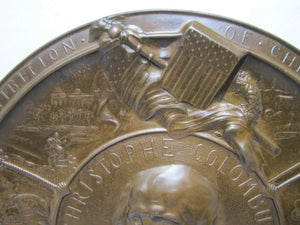 19c Bronze COLUMBIAN EXPO CHICAGO Plaque Discovery of America TONETTI PARIS 1892