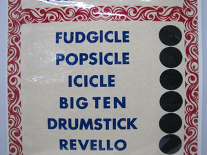 SPECIALITES FUDGICLE POPSICLE ICILE DRUMSTICK REVELLO BIG TEN Ice Cream Flavor Ad Sign