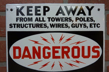 Load image into Gallery viewer, DANGEROUS HI VOLT NARRAGANSETT Elec Co PROVIDENCE RI Old Porcelain 2 Sided SignDANGEROUS HI VOLT NARRAGANSETT Elec Co PROVIDENCE RI Old Porcelain 2 Sided Sign
