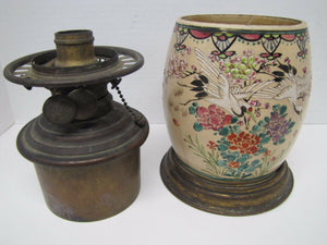 Antique Porcelain Lamp longwy ? e m duplex burner converted Ornate Birds Flowers