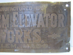 Antique SALEM ELEVATOR WORKS Brass Sign Salem Mass Architectural Hardware Plaque