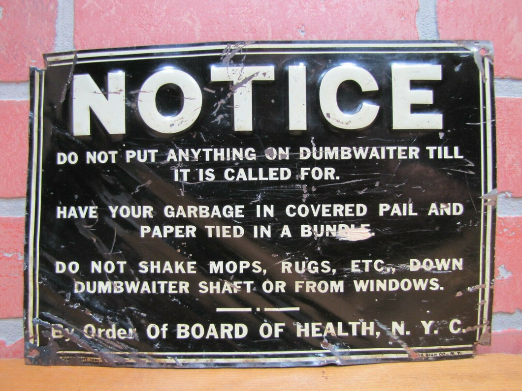 1930s NYC DUMBWAITER Sign Embossed Tin New York City Board of Health Garbage Ad