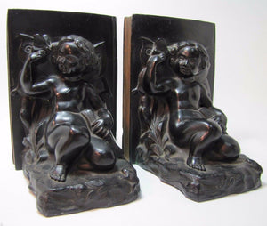 Antique Art Nouveau CHERUB CHILD FROG BUTTERFLY Bookends Decorative Art Statue