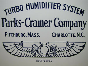 PARKS-CRAMER Co TURBO HUMIDIFIER SYSTEM Antique Porcelain Sign Made in USA Logo
