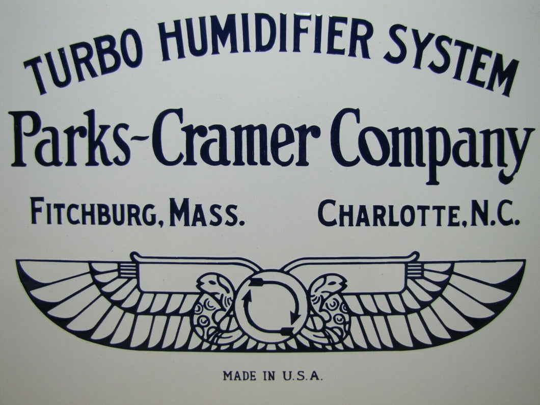 PARKS-CRAMER Co TURBO HUMIDIFIER SYSTEM Antique Porcelain Sign Made in USA Logo