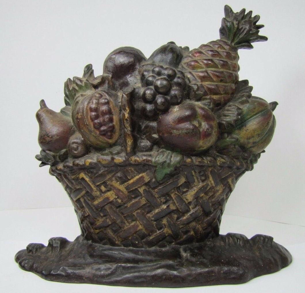 Antique Cast Iron Fruit Basket Doorstop original old paint ornate htf big heavy