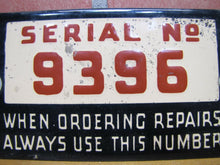 Load image into Gallery viewer, Old SERIAL No 9396 Porcelain Industrial Equipment Sign WHEN ORDERING REPAIRS....
