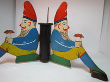 Load image into Gallery viewer, Antique Three Gnomes Christmas Tree Pole Stand hand painted metal wooden shoes
