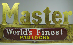 MASTER WORLD'S FINEST PADLOCKS Original Old Brass Store Display Ad Topper Sign