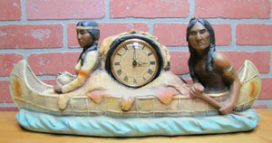 Old Chalkware Native American Indians Canoe Clock Decorative Arts Statue Large