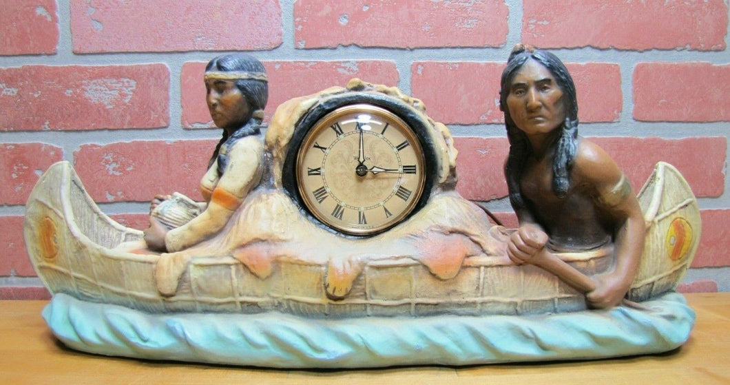 Old Chalkware Native American Indians Canoe Clock Decorative Arts Statue Large