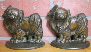 Old PEKINGESE Bookends Cast Iron Bronze Wash Decorative Art Dog Statues