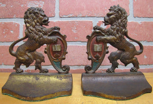 Antique Cast Iron LION Bookends Upright Crest Shield Decorative Art Statues