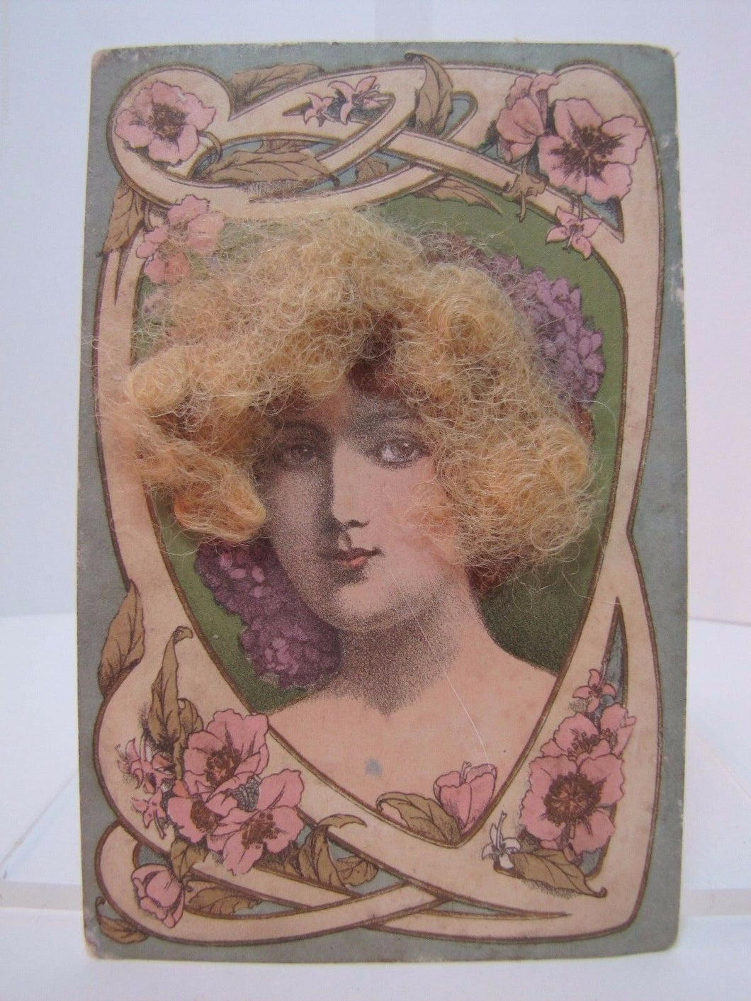 Antique Victorian Woman Postcard ' real hair ' old hand tinited color post card