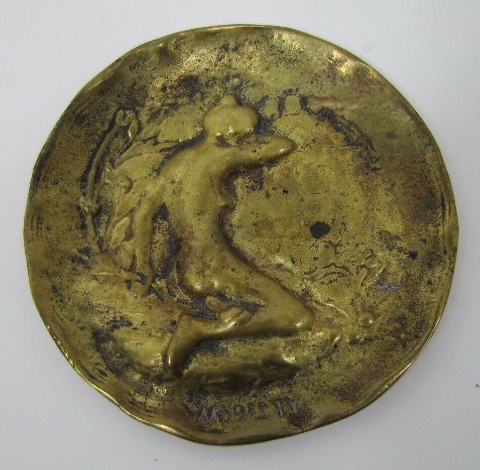 Art Nouveau Nude Maiden Brass Tray 'Modesty' Old Card Tip Trinket Ring Jewelry