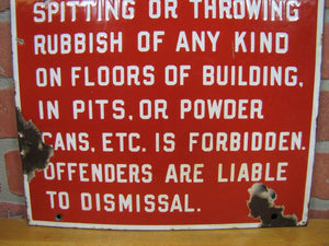Orig Old Porcelain SPITTING OR THROWING RUBBISH FORBIDDEN Sign Industrial Shop