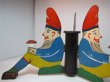Load image into Gallery viewer, Antique Three Gnomes Christmas Tree Pole Stand hand painted metal wooden shoes
