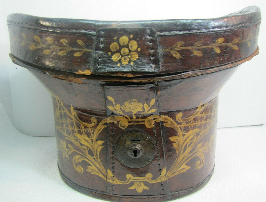 Antique 19c Folk Art Hand Painted Leather Hat Box Flowers Leaves Scrolls 1800s