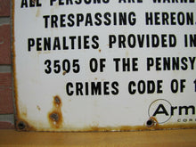 Load image into Gallery viewer, 1970s Porcelain PRIVATE PROPERTY ARMSTRONG CORK Co Sign Persons Warned Trespass
