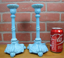 Load image into Gallery viewer, SERPENT SNAKE KOI DRAGON FISH Antique Pair Blue Milkglass Candlesticks Ornate
