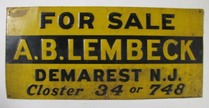 Antique FOR SALE A.B. LEMBECK Demarest NJ Embossed Metal Sign old real estate ad