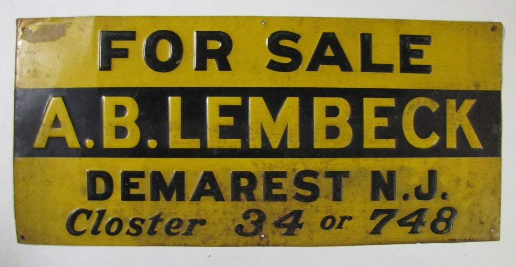 Antique FOR SALE A.B. LEMBECK Demarest NJ Embossed Metal Sign old real estate ad