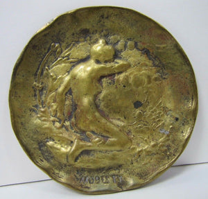 Art Nouveau Nude Maiden Brass Tray 'Modesty' Old Card Tip Trinket Ring Jewelry