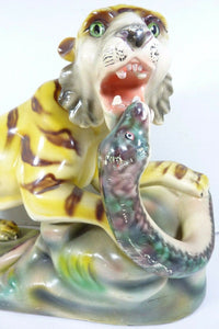 Vtg TIGER & SNAKE FIGHTING Large Decorative Art Pottery Statue Portugal