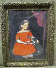Load image into Gallery viewer, Girl in Red Dress with Black Cat Outsider Folk Art Watercolor Painting A. Romano
