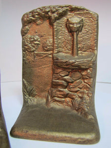 Antique Cast Iron LIONS HEAD FOUNTAIN Well Landscape Bookends Old Gold Paint