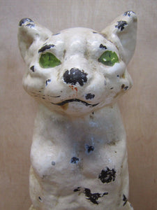 Antique Cast Iron Cat Doorstop Art orig old white painted surface green eyes